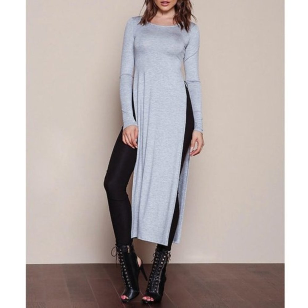 NEW‎ High slit maxi long sleeve top grey